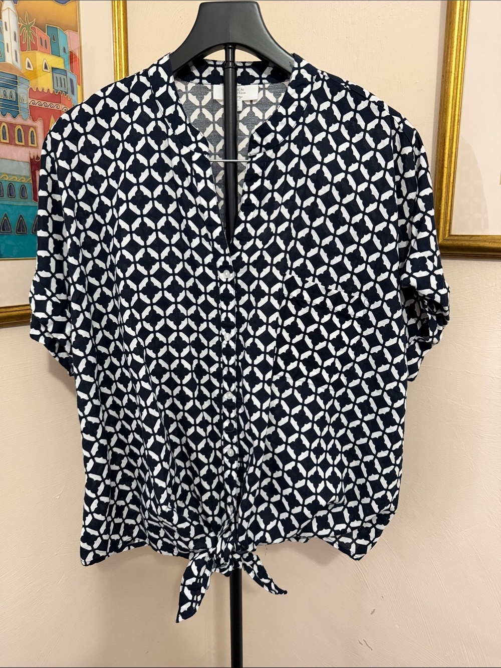 Women's Navy and White Geometric Linen Tie-Front Blouse